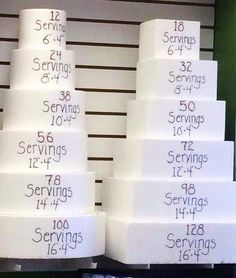 a large stack of white cakes with numbers on each tier and the words servings written on them