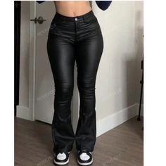 Never Worn Fitted Faux Leather Casual Pants, Trendy Fitted Black Leather Pants, Casual Black Leather Pants For Spring, Fitted Black Leather Pants For Fall, Casual Black Leather Pants For Night Out, Casual Black Leather Pants For Going Out, Black Flare Pants, Birthday Fits, Boyfriend Fit Jeans