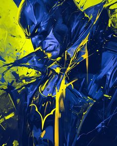 an abstract painting of a batman in blue and yellow