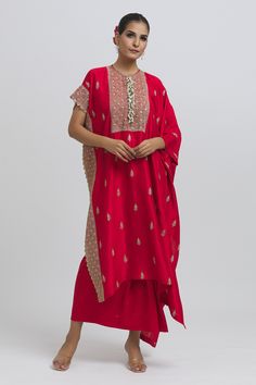 Buy Red Silk Embroidered Zari Round Neck Kaftan And Skirt Set For Women by Anamika Khanna Online at Aza Fashions. Zari Work Dresses With Cape Sleeves For Festivals, Wedding Kaftan With Gota Work For Festive Occasions, Cape Sleeve Dresses With Zari Work For Festivals, Festival Dresses With Zari Work And Cape Sleeves, Festive Wedding Kaftan With Gota Work, Festive Silk Kaftan With Gota Work, Festive Kaftan With Mirror Work And Cape Sleeves, Festive Mirror Work Kaftan With Cape Sleeves, Bollywood Style Raw Silk Kaftan For Festive Occasions