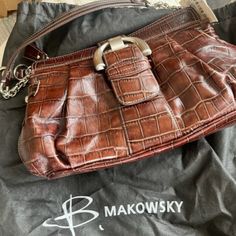 B Makowsky Purse, Never Used, Tag Still Attached, Color: Mocha, Genuine Leather, Inside: Leopard Print - Easy Clean Material, Divider Zipper Picket, And Inset Zipper Pocket, Magnetic Front Clasp Evening Brown Bag With Silver-tone Hardware, Elegant Brown Bags With Silver-tone Hardware, Chic Brown Bags With Silver-tone Hardware, Cleaning Materials, Easy Clean, Mocha, Zipper Pocket, Messenger Bag, Leopard Print