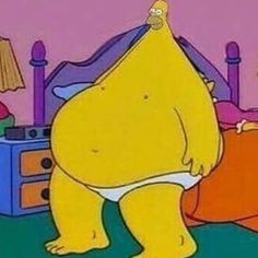 a cartoon character standing in front of a bed with the simpsons on it's stomach