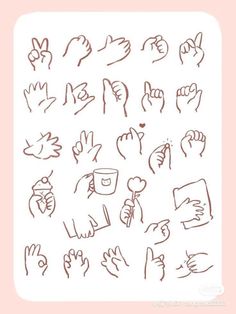 various hand gestures drawn in red ink on a white paper with a pink border around them