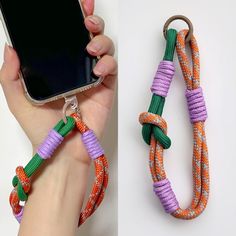 two pictures one with a cell phone and the other with an orange and green bracelet