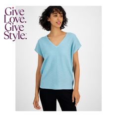 in stock Light Blue Knit V-neck Top, Light Blue V-neck Top For Fall, Blue Textured Knit Short Sleeve Top, Blue Knit Top For Spring, Blue Textured Knit Top For Spring, Chic Blue Short Sleeve Knit Top, V-neck Textured Knit Top For Day Out, Textured Knit V-neck Top For Day Out, V-neck Textured Knit Tops