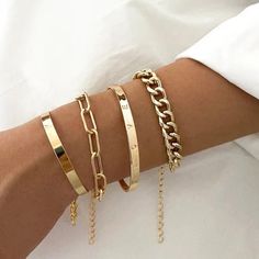 4 Piece Deja Bracelet Set Material - 18k Gold Plated Quantity - 4 Piece Set Bracelet Product Photography, Nice Makeup, Gold Bracelets Stacked, Custom Charm Bracelet, Makeup Images, Jewelry Photography Styling, Expensive Jewelry Luxury, Gold Bracelet Set, Photography Styling