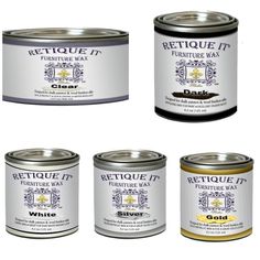 four different tins of paint with the words refuge it written on one side and below them