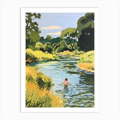 a painting of a man wading in a river with trees and grass around him