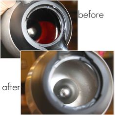 before and after photos of a metal object with red liquid inside it, the bottom is silver