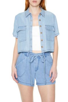 Cropped Denim Shirt | Forever 21 Summer Washed Button-up Shirt, Medium Wash Short Sleeve Denim Top For Spring, Relaxed Fit Cropped Casual Shirt, Collared Denim Top For Summer, Casual Cropped Relaxed Fit Shirt, Relaxed Fit Short Sleeve Chambray Denim Top, Relaxed Fit Chambray Denim Top With Collar, Relaxed Fit Chambray Denim Top With Short Sleeves, Relaxed Chambray Denim Top With Short Sleeves