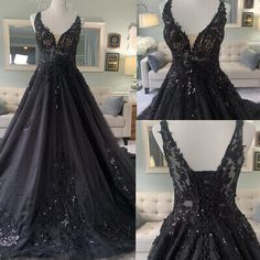 the back of a black prom dress with sequins on it and an open v - neckline