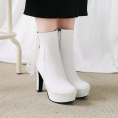 Gender: For Women Style: Fashion,KoreanOccasion: Casual,Party/Club,Office/Career,DressHeel Height: 11.5cmPlatform Height: 3cmSeason: Spring,Summer,Fall/Autumn,WinterPackage Contents: 1 x Shoes (Pair)Size Guide:28 = foot length 18.5-19cm (Foot width=6.5-7cm)29 = foot length 19-19.5cm (Foot width=7cm)30 = foot length 19.5-20cm (Foot width=7-7.5cm)31 = foot length 20-20.5cm (Foot width=7.5cm)32 = foot length 20.5-21cm (Foot width=7.5-8cm)33 = foot length 21-21.5cm (Foot width=8cm)34 = foot length 2 White Faux Leather Heeled Boots For Winter, White Ankle Platform Boots For Party, White Pointed Toe Platform Boots In Faux Leather, White High Heel Faux Leather Boots, White Faux Leather Platform Boots For Party, White Faux Leather Heeled Boots For Party, White Faux Leather High Heeled Boots, White Faux Leather Platform Boots, Chic White Faux Leather Platform Boots