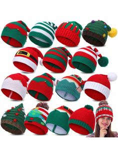 many knitted hats with different designs and colors are shown in this collage photo