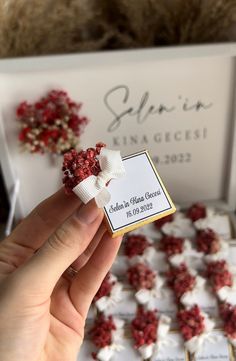 a person is holding up some tiny red and white flowers in front of a card