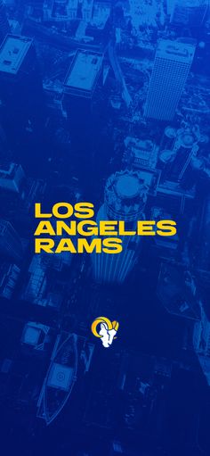 the los angeles rams logo is shown on an aerial view of buildings and skyscrapers