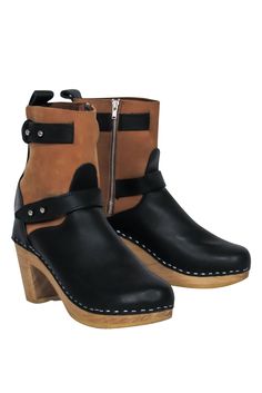 Current Boutique-Loeffler Randall - Black & Tan Clog-Style Heeled Booties Sz 9 Fall Ankle Boots With Wooden Heel, Ankle-high Boots With Wooden Heel For Fall, Black Boots With Wooden Heel And Round Toe, Fall Boots With Wooden Heel And Closed Toe, Brown Boots With Wooden Heel For Fall, Black Block Heel Clogs For Fall, Black Fall Clogs With Reinforced Heel, Black Clogs With Reinforced Heel For Fall, Black Clogs With Wooden Heel For Fall