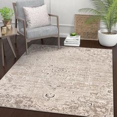 a living room area with a chair, rug and potted plant on the floor