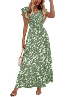 PRICES MAY VARY. V neck,ruffle cap sleeve dot,short sleeve,floral print,dot pattern,elastic high waist, ruffle hem,a-line flowy midi dress for women and girls. Casual and elegant style. cap sleeve ruffle hem a-line flowy elastic waist midi dress made you easy to put on and take off,show off your charming waist line. This boho floral midi dress can be worn alone or paired with a hat, high heels, wedges, earrings, necklaces, sunglasses, ankle chains and jewelry to make you more attractive. Ladies Casual Cap Sleeve Dress With Ruffles, Non-stretch Polka Dot Dress For Spring, Spring Green Cap Sleeve Dress, Green Cap Sleeve Dress For Spring, Green Cap Sleeve Spring Dress, Jewelry To Make, 2025 Wedding, Midi Dress For Women, Flowy Midi Dress