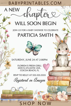 Storybook Baby Shower Invitations Bunny Book Theme Book Themed Baby Shower Ideas, Baby Sprinkle Boy Theme, Baby Shower Book Theme, Vintage Baby Shower Theme, Storybook Baby Shower Theme, Book Baby Shower Invitation, Storybook Theme, Vintage Storybook, Storybook Baby Shower