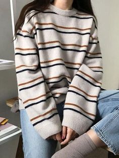 ⚡️Buy Oversize Striped Pullover Sweater Apricot ONE SIZE at the lowest price in Sweaters at AnotherChill.com. Check reviews and buy it today. Style: Casual, Street Color: Navy Blue Fabric Content: Acrylic, Polyester Fit Type: Loose fit Neckline: V Neck Sleeve Length: Long Sleeve. ✓2021 HALLOWEEN EDIT for Sale Get 20% Off with Code: HW20.✓Free Shipping on all orders over $69 USD. Y2k Preppy, Preppy Vintage, Street Y2k, New Student, Oversize Pullover, Pull Oversize, Easy Trendy Outfits, Sweater White, U Neck