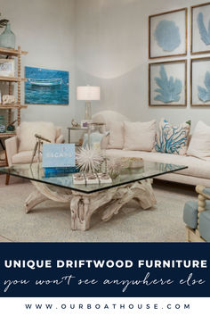 custom coastal driftwood tables Driftwood Tables, Cozy Coastal Living Room, Coastal Living Rooms, Coastal Living Room