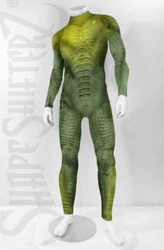 "\"So... what is this?\" A costume? Activewear? It's both. We make costumes for sports. What will you turn this Species costume into? An alien? A LizardMan? A Reptile? Heads up, this is a printed bodysuit. The texture is an optical illusion. You bring the real personality! It's built for sports. You can run, bike, swim, dance or do stunts and circus tricks in this suit. It's 4-way stretch and sweat-wicking. These suits are made to order. Please allow 2-3 weeks for us to make your suit and prep i Fitted Green Cosplay Costume For Halloween, Fitted Green Costume For Cosplay Events, Fitted Green Halloween Cosplay Costume, Fitted Green Cosplay Costume For Costume Party, Tech Bodysuit, Reptile Costume, Circus Tricks, Green Lizard, Alien Species