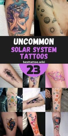 some tattoos that are all different colors and designs on the arm, leg and wrist