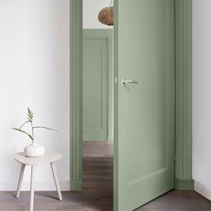 an open green door in a white room