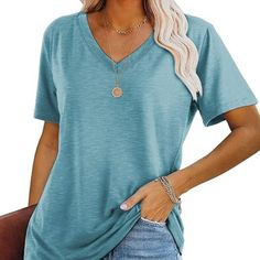 Material: 60% Polyester, 35% Rayon, 5% Spandex For Plain T-Shirts. High Quality Womens T Shirt 2023 Fashion Summer Top. It's Soft To Skin, Breathable, Lightweight And Comfortable To Wear. Features: Casul Short Sleeve Shirts, Long T Shirts With V Neck, Striped, Simple And Plain Design With High Quality Fabric, Allows You Come With A Lots Looks From Comfy To Chic And Stylish. Relaxing To Enjoying A Fun Day. Easy Match: Basic Tee Shirts For Women. You Can Pair This Basic Tops Under A Jacket, With Jeans, Leggings Or A Skirt In Spring, Summer, Fall And Winter. A Wardrobe Must-Have! Occasions: This Short Sleeve Tee Shirt Is Nice For Daily Wear, Office, Outdoor Activity, Parties, School,Shopping, T Womens Tops Casual, Plain Tee Shirts, Tops For Women Casual, V Neck T Shirts, Hippie T Shirts, Casual Tunics, Casual Summer Tops, Tops Casual, Women Tunic Tops