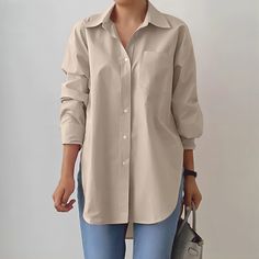 Women's Elegant Shirt Top Solid Color Lapel Long Sleeve Top Oversized Tops With Spread Collar In Solid Color, Plain Collared Tops For Spring, Classic Solid Color Fall Shirt, Oversized Plain Collared Top, Casual Plain Office Blouse, Beige Button-up Solid Color Top, Casual Beige Blouse For Office, Casual Beige Office Blouse, Beige Solid Color Button-up Top