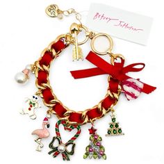 Betsey Johnson Gold Tone Christmas Charm Bracelet With Crystals & Rhinestones Brand New With Tags Holiday Jewelry Gift With Rhinestones, Holiday Gift Jewelry With Rhinestones, Holiday Rhinestone Jewelry For Gifts, Holiday Rhinestone Jewelry Gift, Festive Holiday Jewelry With Rhinestones, Christmas Party Adjustable Charm Bracelet, Christmas Festive Jewelry With Rhinestones, Gold Christmas Party Bracelets, Rhinestone Jewelry Christmas Gift