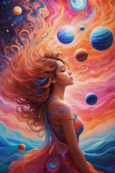 a painting of a woman with her hair blowing in the wind, surrounded by planets