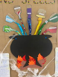 a bulletin board with toothbrushes in the shape of a fireman's hat