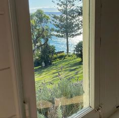 an open window looking out onto a grassy field and lake with trees in the background