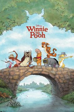 winnie the pooh movie poster with many different characters on top of a stone bridge