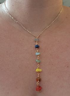 Balance your mind and body with this beautiful Chakra necklace. Made with authentic stones. Can be made with silver, black, gold or copper chain. Copper is the pictured chain. Pictured necklace is 10 inches. Keep in mind the length of the necklaces are total not just chain length, so the longer inches the longer it will hang off your chest. Crystal Necklaces Ideas, Multicolor Wire Wrapped Crystal Necklace As Gift, Spiritual Wire Wrapped Multicolor Crystal Necklaces, Spiritual Multicolor Wire Wrapped Crystal Necklaces, Spiritual Multicolor Wire-wrapped Crystal Necklaces, Multicolor Wire Wrapped Necklaces For Healing, Multicolor Wire Wrapped Spiritual Necklace, Multicolor Spiritual Necklace With Adjustable Chain, Multicolor Spiritual Necklaces With Adjustable Chain