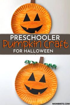 two paper plates with pumpkin faces on them and the words preschool pumpkin craft for halloween