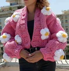 COLOR: pink (different colors can be knitted upon order.) PATTERN: daisy SIZE: xs. s. m. l (size xl. xxl can be knitted upon order.) LENGTH: 50cm 55cm (can be knitted to the desired length upon order.) AREA OF USE: daily use and can be given as a gift WASHING INSTRUCTIONS: short program at low temperature PACKAGING: safe packaging and gift wrap SHIPPING: safe cargo company and on-time delivery This special cardigan is a quality cardigan, carefully hand-knitted. A thick soft pink yarn is used for Spring Cotton Sweater Coat, Spring Hand Knitted Long Sleeve Sweater, Hand Knitted Long Sleeve Spring Sweater, Hand Knitted Long Sleeve Sweater For Spring, Casual Hand Knitted Spring Cardigan, Casual Knitted Sweater Coat For Spring, Knitted Long Sleeve Cardigan For Spring, Spring Cotton Knit Outerwear, Long Sleeve Knitted Cardigan For Spring