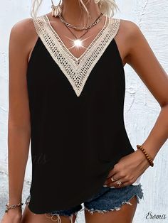 Eromis - Stylish Guipure Lace V-neck Tank Top - Fashionable and Comfortable Sleeveless Summerwear for Women Elegant V-neck Tank Top For Vacation, Elegant Stretch Tank Top For Vacation, Elegant Tank Top For The Beach, Stretch V-neck Vest For Beach, Beach V-neck Stretch Vest, Beach Stretch V-neck Vest, Elegant V-neck Camisole For Beach, Cute Fabric, V Neck Tank Top