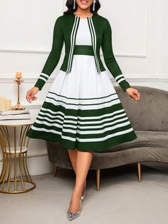 Ladies' Color Block Minimalist Daily Wear Jacket Dress Two Piece Set Dark Green Casual,Elegant    Colorblock,Striped  Medium Stretch  Women Clothing, size features are:Bust: ,Length: ,Sleeve Length: Woman Dresses Casual, Church Dresses For Women, Lifestyle Dresses, Church Attire, Classy Outfits For Women, Stylish Work Attire, Classy Dress Outfits, Classy Work Outfits, Comfy Dresses