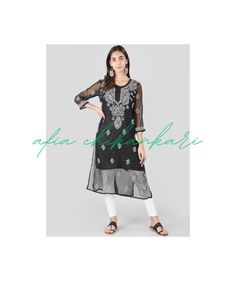 Chikankari black kurti with Gala Booti Work : Elevate your wardrobe with our stunning black georgette Chikankari Gala Booti work, meticulously handcrafted to perfection. This elegant piece showcases the timeless beauty of Chikankari embroidery, a traditional art form originating from the city of Lucknow, India. The intricate booti work, delicately crafted with fine threads, creates a mesmerizing pattern that adorns the entirety of the black georgette fabric. Each booti is thoughtfully embroidered by skilled artisans, who dedicate countless hours to ensure the utmost precision and attention to detail. Crafted on lightweight georgette fabric, this Chikankari Gala Booti work is not only aesthetically pleasing but also offers a comfortable and breathable experience. The flowing fabric drapes g Black Straight Kurta For Party, Black Dabka Kurta For Party, Black Embroidered Kurta For Diwali, Black Self Design Kurta For Eid, Black Kurta For Party, Black Self Design Kurta For Diwali, Black Bollywood Party Kurta, Black Festival Kurta With Self Design, Black Self Design Kurta For Festivals