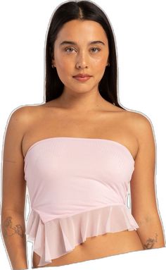 Feminine Stretch Sleeveless Tube Top, Feminine Bandeau Tops With Ruffles, Stretch Ruffled Tube Top, Feminine Ruffled Bandeau Tube Top, Pink Ruffled Tube Top For Party, Cheap Pink Tube Top, Spring Ruffled Tube Top, Feminine Ruffled Sleeveless Tube Top, Feminine Ruffled Tube Top