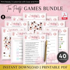 the printable party games bundle is shown with pink flowers