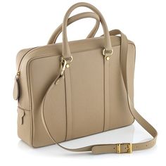 a beige leather bag on a white background