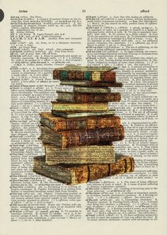 a stack of books sitting on top of each other in front of an old book page