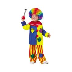 a little boy dressed in clown costume holding a hammer and wearing an orange, yellow, and blue wig