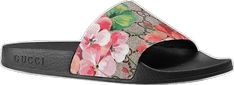 Luxury Slip-on Slides For Spring, Luxury Slip-on Slippers For Spring, Luxury Pink Summer Mules, Luxury Pink Mules For Summer, Designer Flat Slides For Beach, Luxury Spring Slides, Gucci Luxury Sandals For Summer, Luxury Flat Mules For Spring, Luxury Summer Slip-on Slippers