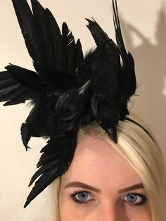 "Black Bird fascinator -Crow- The Birds- Halloween- Feather Headband -Derby- Ravens- goth- Steampunk- Mad Hatter Hello, I have one made so it can ship within a day or two. This fascinator is perfect to add whimsy and is just so fun you'll be the life of the party. A great conversation piece Wear this with a 1960's tweed suit and your \"the Birds\"! This black feather fascinator has 2 black feather bird... I call them Alfred and Tippy. It has great movement. It not a real bird, its styrofoam cove Black Punk Costume Hats And Headpieces, Adjustable Black Feathered Headpiece, Adjustable Black Feather Headpiece, Punk Mini Hats For Halloween Cosplay, Punk Black Mini Hat For Cosplay, Punk Style Black Mini Hat For Cosplay, Black Fitted Fantasy Costume Hats And Headpieces, Alternative Black Costume Accessories For Festivals, Alternative Black Costume Accessories For Party