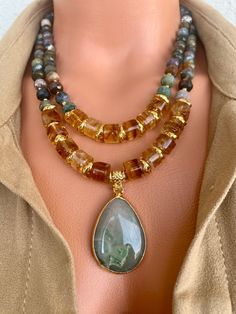 Citrine and Indian Agate Layered Necklace Set with Aventurine Pendant Metal Ornaments, Indian Agate, Layered Necklace Set, Elegant Necklace, Accessories Jewelry Necklace, Stone Pendant Necklace, Statement Necklaces, Elegant Necklaces, Layered Necklace