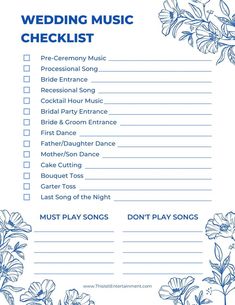 the wedding music checklist is shown in blue and white, with flowers on it